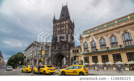 View of The Powder Tower timelapse hyperlapse and the Municipal House at the Republic Square in Prague. 118680225