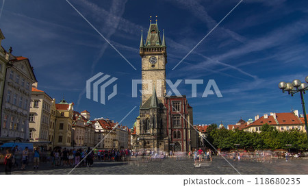 Old Town City Hall in Prague timelapse hyperlapse, view from Old Town Square, Czech Republic 118680235