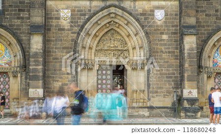 Entrance door of the neo-Gothic Saint Peter and Paul Cathedral timelapse in Vysehrad fortress, Prague. 118680248