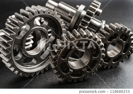 Gear and cogs wheels, clock mechanism, brass metal engine industrial. 118680253
