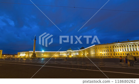 Palace Square night lights view of Alexander Column night to day timelapse hyperlapse in St. Petersburg, Russia. Palace Square night lights view of Alexander Column night to day timelapse hyperlapse in St. Petersburg, Russia. 118680262