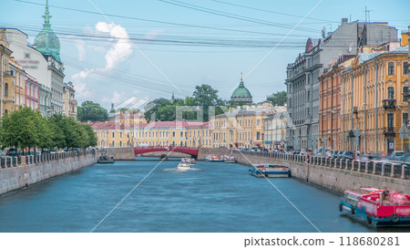 Traffic of touristic cruise boats on the Moyka River timelapse in Saint-Petersburg, Russia. 118680281