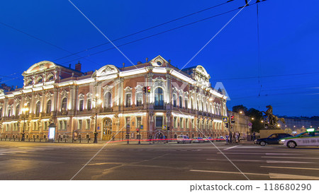 Beloselsky-Belozersky Palace from Anichkov Bridge night timelapse hyperlapse, St. Petersburg, Russia 118680290