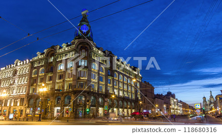 Singer House at the Saint Petersburg night timelapse. Singer House at the Saint Petersburg night timelapse. 118680316