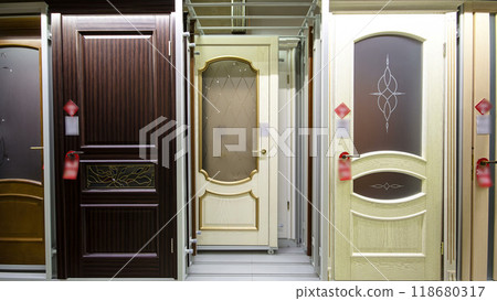 Wooden front door timelapse stop motion from the interior of home with windows. Interior shot of Wooden Front Door 118680317