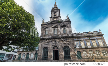 The Trinity Church timelapse hyperlapse in Porto, Portugal. Porto is one of the most popular tourist destinations in Europe. 118680328