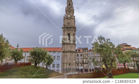 Bell tower of the Clerigos Church in cloudy blue sky background timelapse hyperlapse 118680329