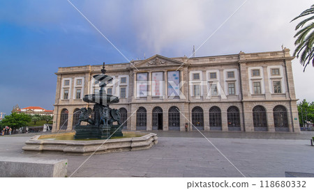 Natural History Museum of Porto University building in Gomes Teixeira Square timelapse hyperlapse. Porto, Portugal. 118680332