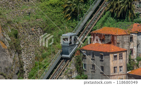Aerial view of Funicular dos Guindais and picturesque houses in historic centre of Porto city timelapse, Portugal Aerial view of Funicular dos Guindais and picturesque houses in historic centre of Porto city timelapse, Portugal 118680349
