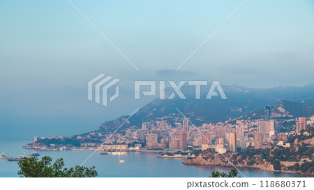 Cityscape of Monte Carlo with morning light timelapse, Monaco at summer sunrise. 118680371