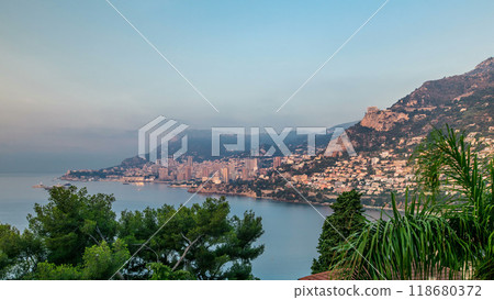 Cityscape of Monte Carlo with morning light timelapse, Monaco at summer sunrise. 118680372