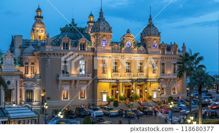 Grand Casino in Monte Carlo day to night timelapse, Monaco. historical building 118680377