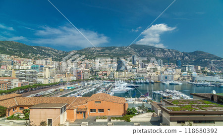 Monte Carlo city aerial panorama timelapse hyperlapse. Port Hercule from top. 118680392