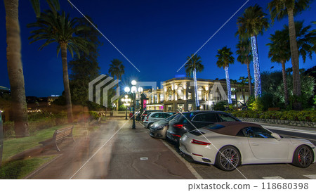 Night view to street with palms on the center of Beaulieu-sur-Mer timelapse hyperlapse. Night view to street with palms on the center of Beaulieu-sur-Mer timelapse hyperlapse. 118680398