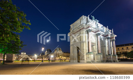 Illuminated Arc de Triomphe du Carrousel at night timelapse Illuminated Arc de Triomphe du Carrousel at night timelapse 118680399