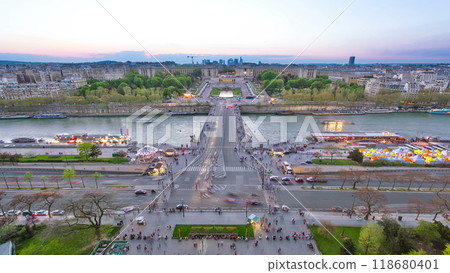 Aerial view of river Seine, Trocadero and La Defense from the Eiffel tower. Day to night timelapse. Paris, France, Europe. 118680401