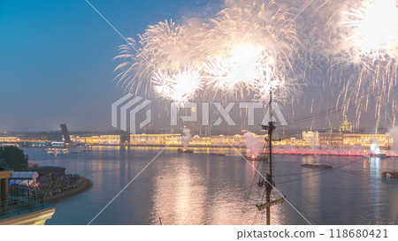 Fireworks timelapse over the city of St. Petersburg Russia on the feast of Scarlet Sails, view from rooftop. Fireworks timelapse over the city of St. Petersburg Russia on the feast of Scarlet Sails, view from rooftop. 118680421