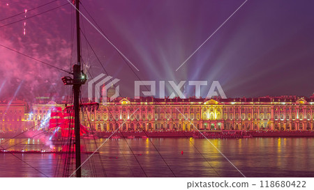 Fireworks timelapse over the city of St. Petersburg Russia on the feast of Scarlet Sails, view from rooftop. Fireworks timelapse over the city of St. Petersburg Russia on the feast of Scarlet Sails, view from rooftop. 118680422