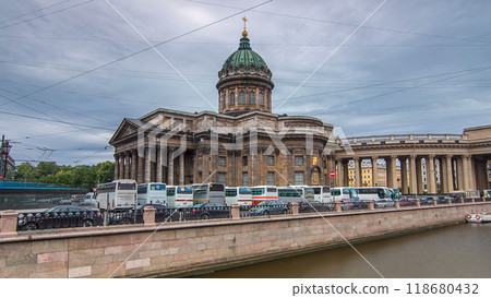 Kazan Cathedral or Kazanskiy Kafedralniy Sobor timelapse hyperlapse in Saint Petersburg 118680432