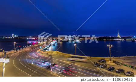 Malaya Neva river. Birzhevoy Exchange Bridge and traffic at night timelapse. St.-Petersburg, Russia 118680436