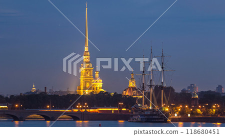 The Peter and Paul Fortress day to night timelapse is the original citadel of St. Petersburg, Russia The Peter and Paul Fortress day to night timelapse is the original citadel of St. Petersburg, Russia 118680451