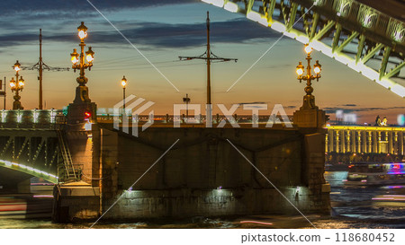 Opening Trinity bridge timelapse and pleasure boats are on Neva river in Saint-Petersburg, Russia. 118680452