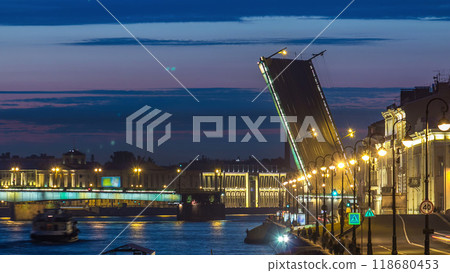 Span of the Liteyny Bridge is lifted over the river Neva timelapse Span of the Liteyny Bridge is lifted over the river Neva timelapse 118680453