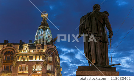 Singer House and Kutuzov monument at the Saint Petersburg night timelapse. Singer House and Kutuzov monument at the Saint Petersburg night timelapse. 118680461