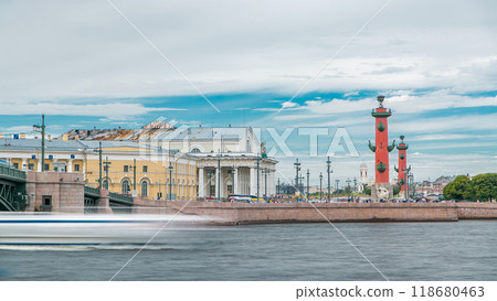 Strelka - Spit of Vasilyevsky Island with the Old Stock Exchange and Rostral Columns timelapse in Saint Petersburg, Russia Strelka - Spit of Vasilyevsky Island with the Old Stock Exchange and Rostral Columns timelapse in Saint Petersburg, Russia 118680463