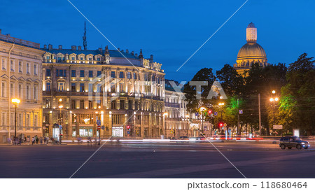 Saint Isaac's cathedral from the Palace square night timelapse in Saint Petersburg, Russia. Saint Isaac's cathedral from the Palace square night timelapse in Saint Petersburg, Russia. 118680464