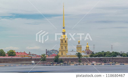 Peter and Paul Fortress across the Neva river timelapse hyperlapse, St. Petersburg, Russia 118680467