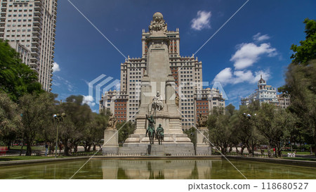 Stone sculpture of Miguel de Cervantes timelapse hyperlapse and bronze sculptures of Don Quixote and Sancho Panza 118680527