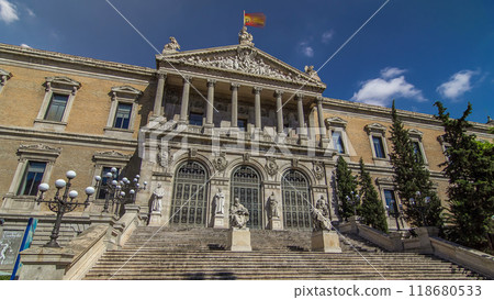 National Library of Spain timelapse hyperlapse. It is located in Madrid, on the Paseo de Recoletos. 118680533