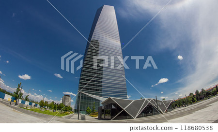Skyscrapers timelapse hyperlapse in the Four Towers Business Area with the tallest skyscrapers in Madrid and Spain 118680538