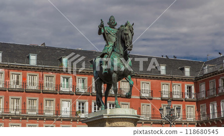 Statue of Philip III timelapse hyperlapse at Mayor plaza in Madrid in a beautiful summer day, Spain Statue of Philip III timelapse hyperlapse at Mayor plaza in Madrid in a beautiful summer day, Spain 118680545