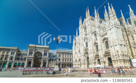 Cathedral Duomo di Milano and Vittorio Emanuele gallery timelapse hyperlapse in Square Piazza Duomo, Milan, Italy. 118680561