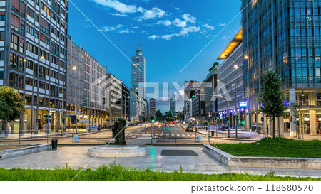 Evening in business part of city Milan located on the Vittor Pisani Street Via Vittor Pisani day to night timelapse Evening in business part of city Milan located on the Vittor Pisani Street Via Vittor Pisani day to night timelapse 118680570