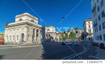 A street view of beautiful historic landmark - Porta Venezia timelapse hyperlapse A street view of beautiful historic landmark - Porta Venezia timelapse hyperlapse 118680575