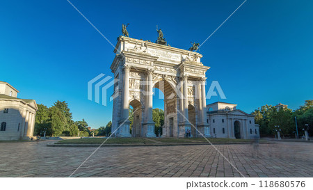 Arch of Peace in Simplon Square timelapse hyperlapse. It is a neoclassical triumph arch 118680576