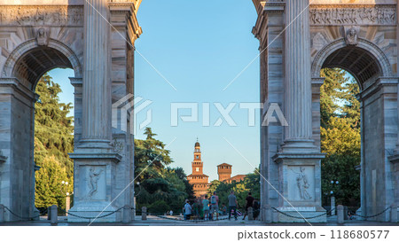 Arch of Peace in Simplon Square timelapse at sunset. It is a neoclassical triumph arch Arch of Peace in Simplon Square timelapse at sunset. It is a neoclassical triumph arch 118680577