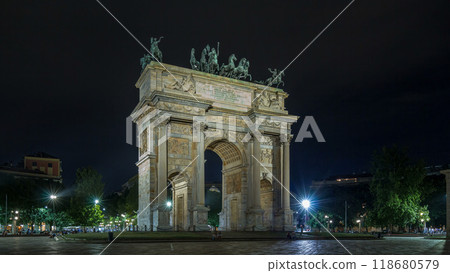 Arch of Peace in Simplon Square timelapse hyperlapse at night. It is a neoclassical triumph arch Arch of Peace in Simplon Square timelapse hyperlapse at night. It is a neoclassical triumph arch 118680579