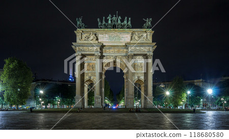 Arch of Peace in Simplon Square timelapse hyperlapse at night. It is a neoclassical triumph arch Arch of Peace in Simplon Square timelapse hyperlapse at night. It is a neoclassical triumph arch 118680580