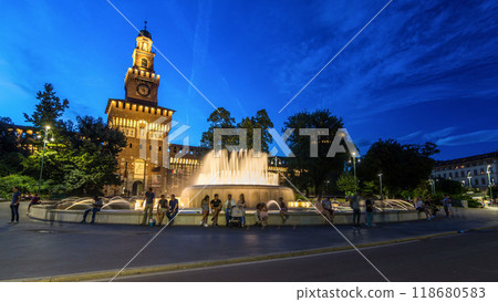 Main entrance to the Sforza Castle and tower - Castello Sforzesco day to night timelapse, Milan, Italy Main entrance to the Sforza Castle and tower - Castello Sforzesco day to night timelapse, Milan, Italy 118680583