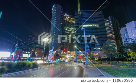 Milan skyline with modern skyscrapers in Porta Nuova business district night timelapse hyperlapse in Milan, Italy Milan skyline with modern skyscrapers in Porta Nuova business district night timelapse hyperlapse in Milan, Italy 118680590