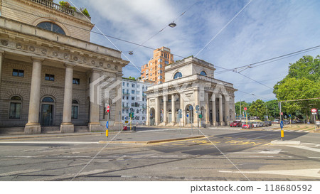 A street view of beautiful historic landmark - Porta Venezia timelapse hyperlapse 118680592
