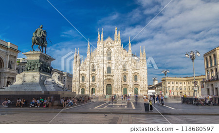 The famous Milan Cathedral timelapse hyperlapse and monument to Victor Emmanuel II on the Piazza del Duomo in Milan, Italy. 118680597