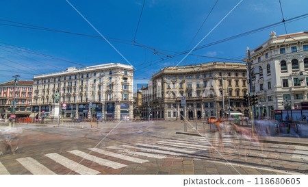 Cordusio Square and Dante street with surrounding palaces, houses and buildings timelapse hyperlapse 118680605