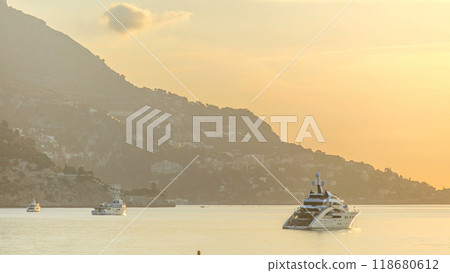 Sunrise view of sea and landscape timelapse from Beaulieu sur mer, France. Sunrise view of sea and landscape timelapse from Beaulieu sur mer, France. 118680612