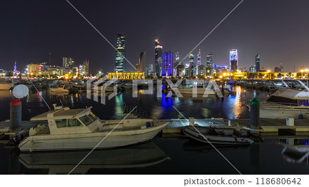 Yachts and boats at the Sharq Marina night timelapse hyperlapse in Kuwait. Kuwait City, Middle East 118680642