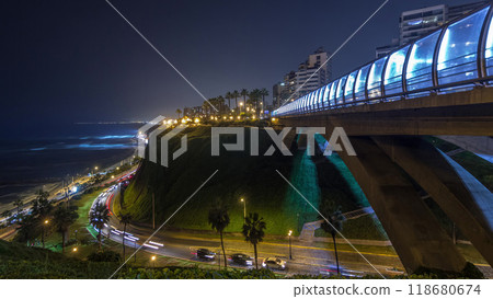 Villena Bridge with traffic and partial City view in the Background night timelapse hyperlapse, Lima, Peru. Villena Bridge with traffic and partial City view in the Background night timelapse hyperlapse, Lima, Peru. 118680674